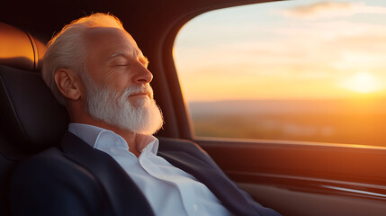 Senior man relaxing in the backseat of a car, eyes closed, as the sun sets, radiating warmth and serenity.