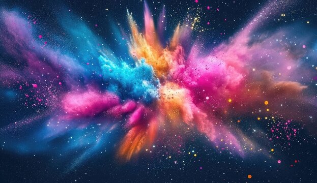 Vibrant explosion of color in space.  A kaleidoscope of colorful powder bursts outwards against a dark starry backdrop