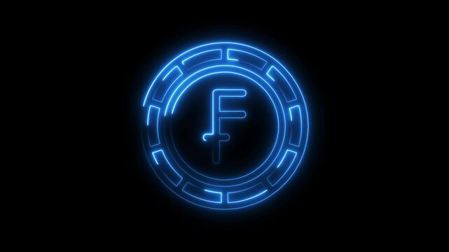 Animated swiss franc currency symbol glowing with neon blue light on black background