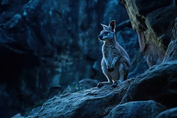 Solitary kangaroo perched on rugged rocks in an Australian outback under a dusky blue sky

