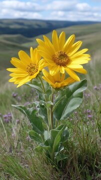 Arrowleaf Balsamroot Flowers in a Field, with Hills and Sky