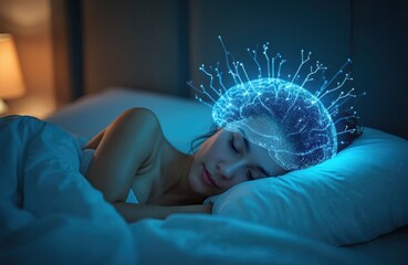 Young woman sleeps peacefully. Glowing digital brain visualization for dream research, neuroscience, sleep tech, cognitive science, AI applications. Concepts of mind, consciousness, mental health,