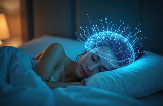 Young woman sleeps peacefully. Glowing digital brain visualization for dream research, neuroscience, sleep tech, cognitive science, AI applications. Concepts of mind, consciousness, mental health, - Powered by Adobe