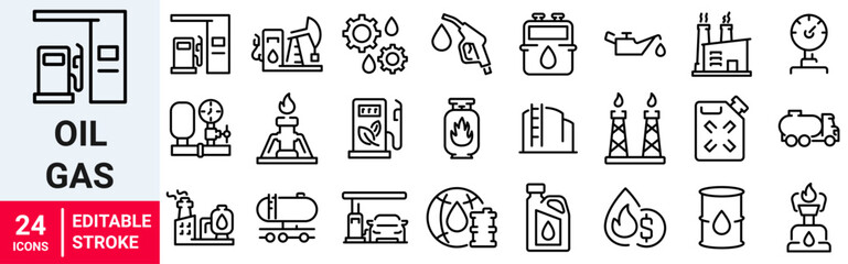 Oil gas line web icons. Contains such Icons as Gas Station, Oil Factory, Transportation. industry. Editable Stroke