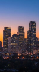 Obraz premium Horizontal city skyline at dusk featuring modern towers with lights 