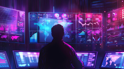 Silhouette of a person facing multiple screens displaying data and world maps
