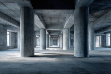 Vast empty concrete interior space with many columns and large windows. Industrial, minimalist, and modern.