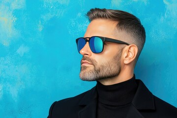 Stylish Man with Sunglasses and Beard Posing Against Vibrant Blue Background
