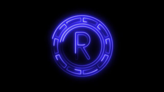 Neon letter r logo with circular geometric pattern on dark background