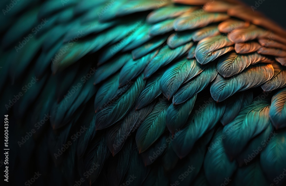 Aufkleber Abstract image of rooster feathers. Close-up shows intricate details of plumage with vibrant green and bronze metallic colors. Nature background, artistic composition for designers and editors.