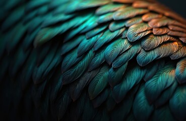 Fototapeta premium Abstract image of rooster feathers. Close-up shows intricate details of plumage with vibrant green and bronze metallic colors. Nature background, artistic composition for designers and editors.