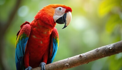 Obraz premium Close-up of scarlet macaw Ara macao perched tree branch. Bright colorful plumage. Portrait of exotic bird with red orange yellow blue feathers. Cancun Mexico destination.