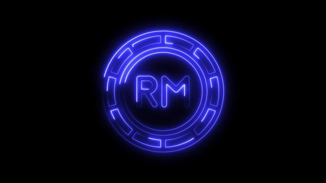 Neon blue letters rm in a futuristic circle frame on black background