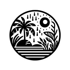 Tropical Island Circle Illustration - Minimalist Black & White Design