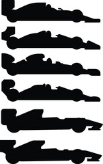 Formula 1 Car Silhouettes – Side View Evolution of F1 Designs in Minimalist Black and White Vector Style
