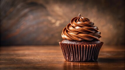 A single chocolate cupcake with rich frosting sits on a rustic wooden table, bathed in warm, inviting light.