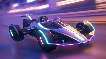 Obraz premium Futuristic racecar speeding through a vibrant city.