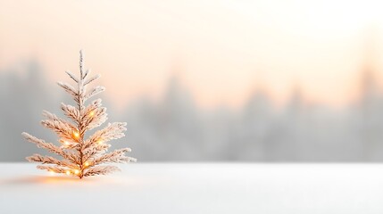 Miniature White Christmas Tree with Warm Lights Against a Snowy Winter Background