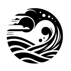 Black and White Wave Design in Circle, Japanese Style Logo