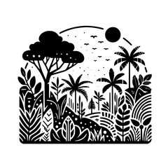 Black & White Tropical Landscape Illustration