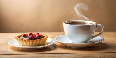 Obraz premium A steaming cup of coffee on a wooden table next to a chocolate tart with red berries