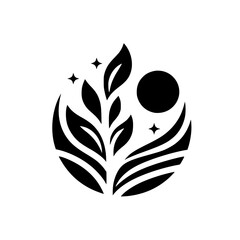 Minimalist Nature Logo: Leaves, Moon, Stars, Black and White Design