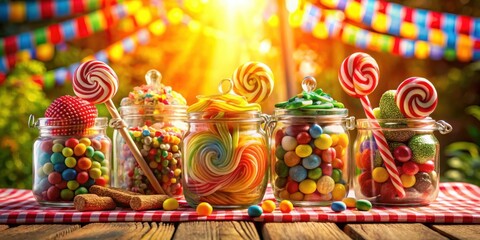 Fototapeta premium A Colorful Assortment of Sweets Arranged in Glass Jars on a Red and White Checkered Tablecloth