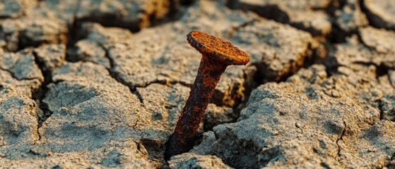 A hyper-detailed close-up of a single, rusted nail embedded in dry, cracked earth