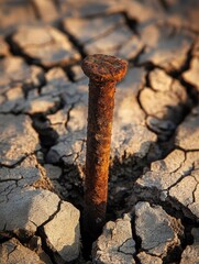 A hyper-detailed close-up of a single, rusted nail embedded in dry, cracked earth