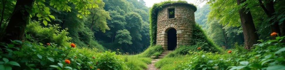 Ivy-covered stone tower crumbling amidst lush, overgrown vegetation , fantasy, windows