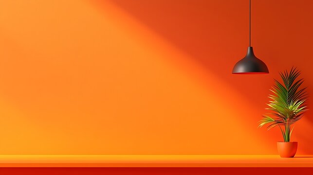 Minimalist Orange Room Interior with Plant and Hanging Lamp