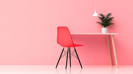 Minimalist Pink Workspace with Red Chair and Plant