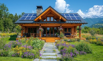 Mountain log cabin with solar panels, stone path, and vibrant flower garden