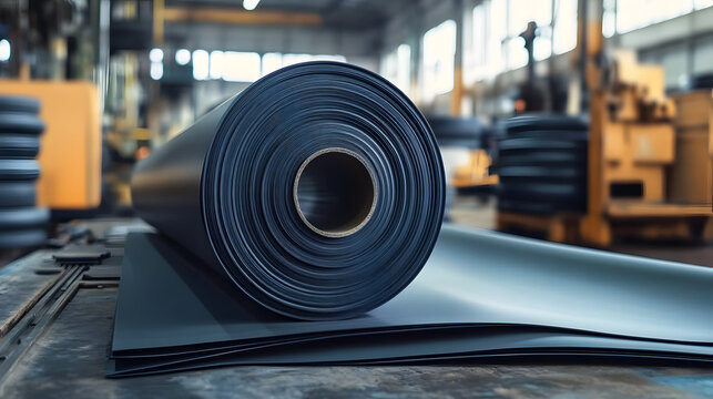 A large roll of black rubber sheets in a factory, prepared for manufacturing processes, showcasing material production and industrial operations.