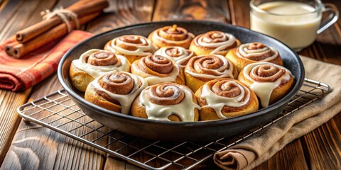 Freshly Baked Cinnamon Rolls with Creamy Glaze in a Cast Iron Skillet on a Wire Rack