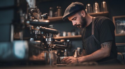 Naklejka premium Man with beard and cap making coffee with espresso machine in a cafe with shelves in the background