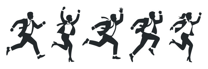 Silhouette of Business People Running and Celebrating Success