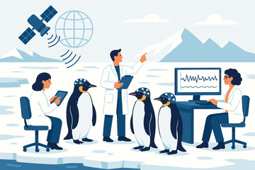 Obraz premium Flat polar-research scene with penguins, EEG caps, and tracking dish