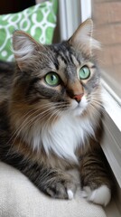 Fluffy Tabby Cat with Green Eyes Relaxing Indoors Near Window Sunlight