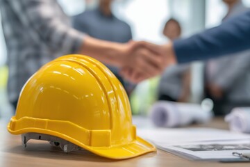 A yellow hard hat rests on a table as two people shake hands in the background, signifying a successful business deal or project completion.