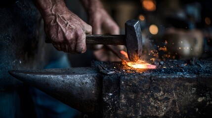 A blacksmith forging hot metal with a hammer on an anvil creating sparks in a dark workshop scene