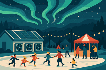 Flat winter-green scene with PV roof, ice fans, skaters, and green sky