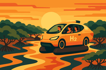 Flat clean-mobility scene with hover spray, H₂ tanks, and orange mangroves