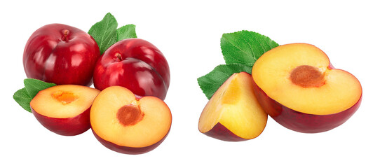 fresh red plum and half with leaves isolated on white background