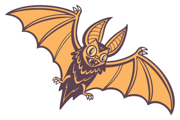 61 Stylized bat illustration, large pointed ears, wide-spread wings, orange and brown color scheme, symmetrical design, fierce expression, cartoon style, vector art, Halloween themed, detailed wing me