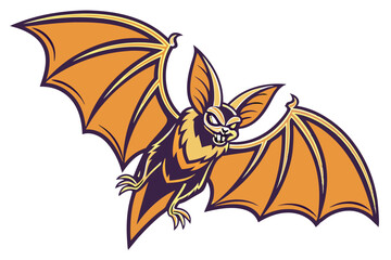 61 Stylized bat illustration, large pointed ears, wide-spread wings, orange and brown color scheme, symmetrical design, fierce expression, cartoon style, vector art, Halloween themed, detailed wing me