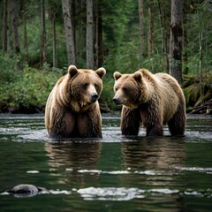 Fototapeta premium Two brown bears in a forest stream
