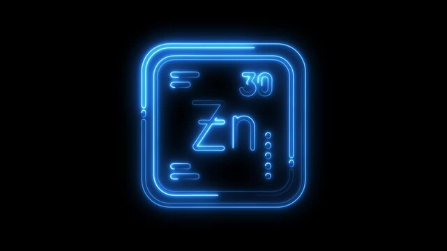 Animated neon element symbol zinc with atomic number on black background