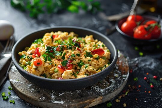 panish brunch with scrambled eggs, spicy chorizo, colorful bell peppers, and a warm cumin finish, served in black bowl