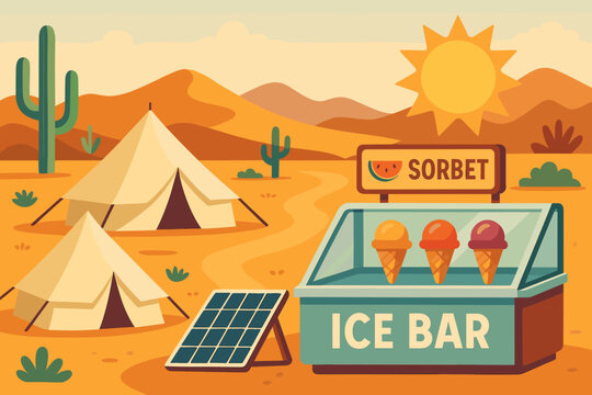 Flat cool-tech scene with mirror array, sorbet cups, and dune tents